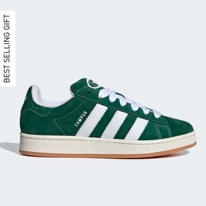 Adidas Campus 00S shoes in dark green, cloud white and off white.